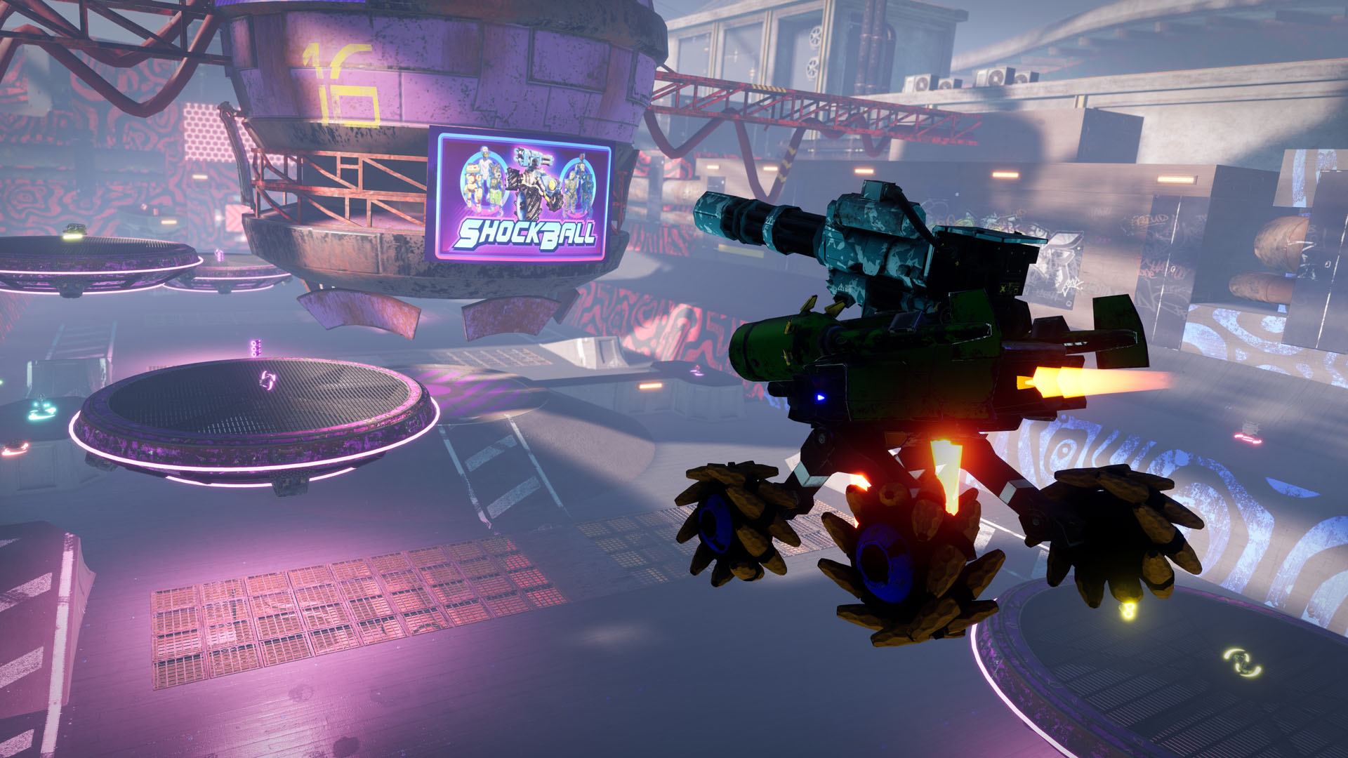Game screenshot of an airborne vehicle with a billboard in the background that reads "Shockball"